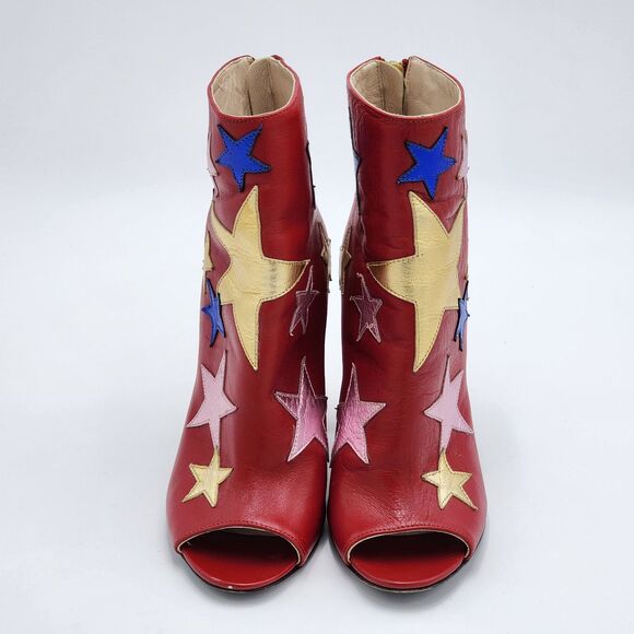 Tommy Hilfiger Metallic Stars Peep Toe Booties Red Pink Blue Gold Size 37 - Picture 2 of 8